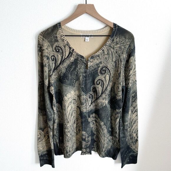 Coldwater Creek Sweater Womens Large Paisley Beaded Knit Cardigan Full Zip Boho‎ - Picture 1 of 16